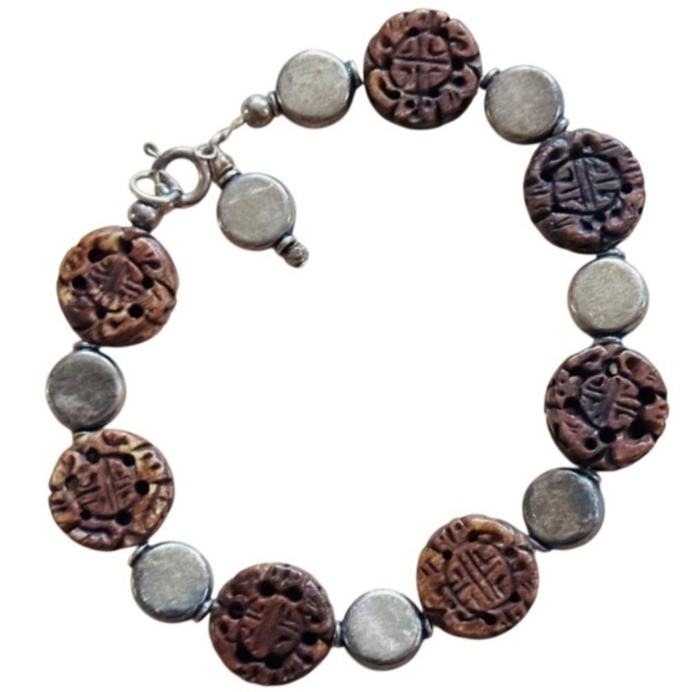 Asian Nut wood carved Bracelet Sterling silver 925 Genuine Natural‎ beaded 7.5"